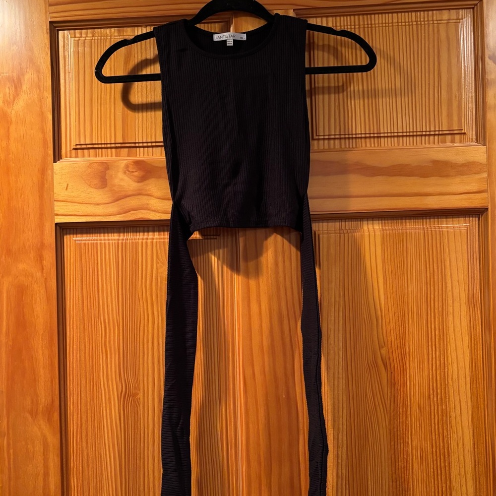Anistar black crop top with ties and ribbing details